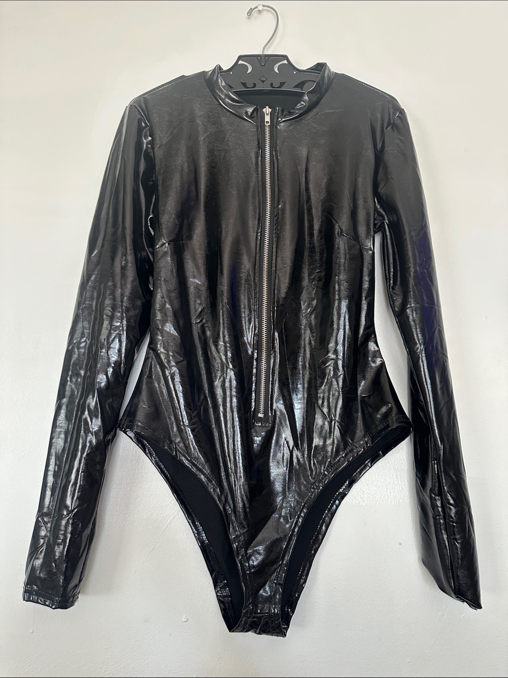 Black Long-Sleeve Faux Leather Zip-Front Bodysuit Sz S